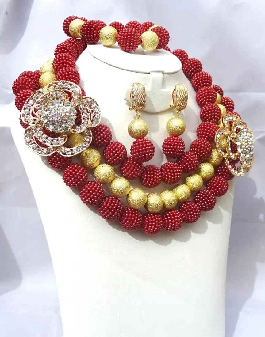 Red with Gold Wedding Bridal Party African Nigerian Beads Necklace Jewelry Set