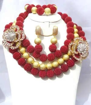 Red with Gold Wedding Bridal Party African Nigerian Beads Necklace Jewelry Set