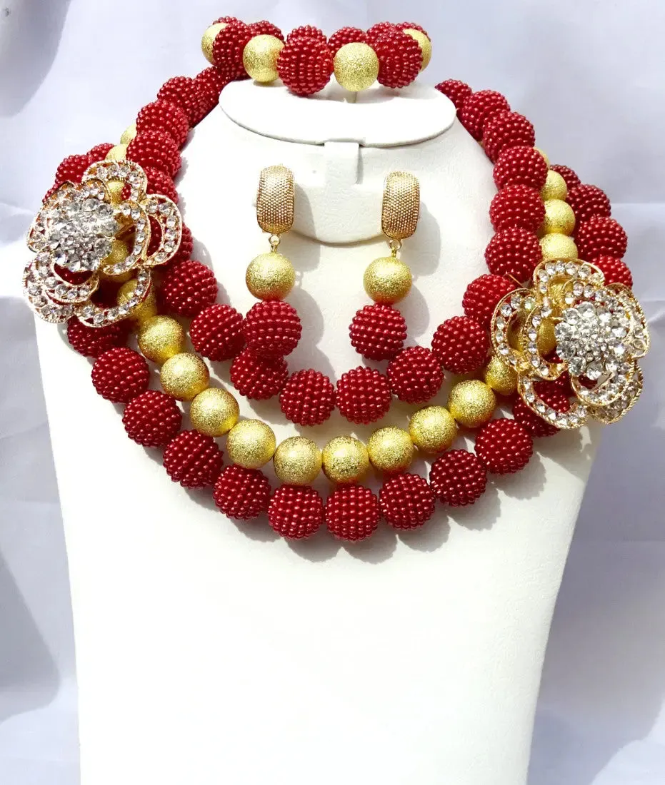 Red with Gold Wedding Bridal Party African Nigerian Beads Necklace Jewelry Set