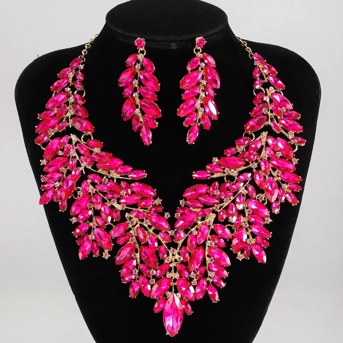 Rhinestone Crystal Leaf Earrings Necklace Set Elegant Vintage Banquet Party Fashion Accessories