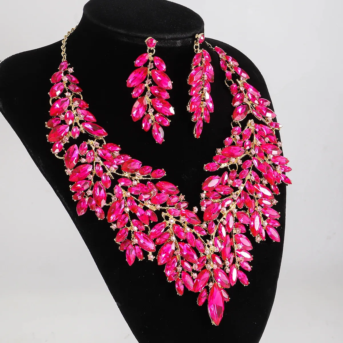 Rhinestone Crystal Leaf Earrings Necklace Set Elegant Vintage Banquet Party Fashion Accessories