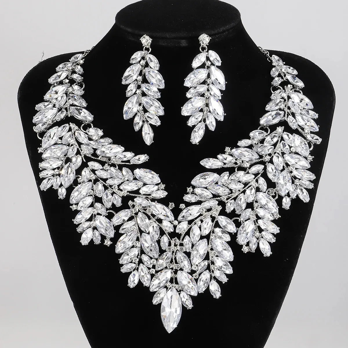 Rhinestone Crystal Leaf Earrings Necklace Set Elegant Vintage Banquet Party Fashion Accessories