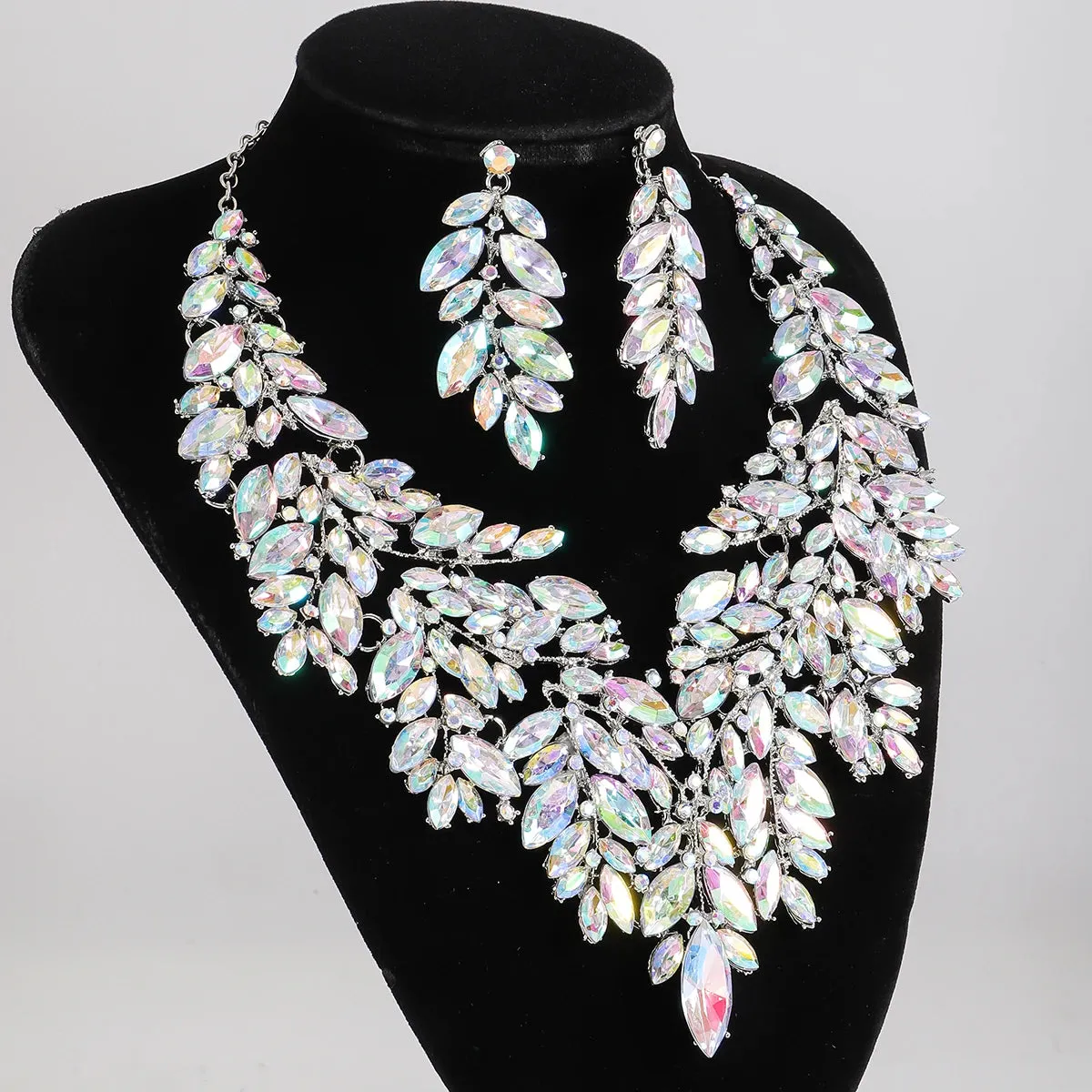 Rhinestone Crystal Leaf Earrings Necklace Set Elegant Vintage Banquet Party Fashion Accessories