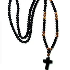 Rosary Necklace - Black Stone & Wood Beads