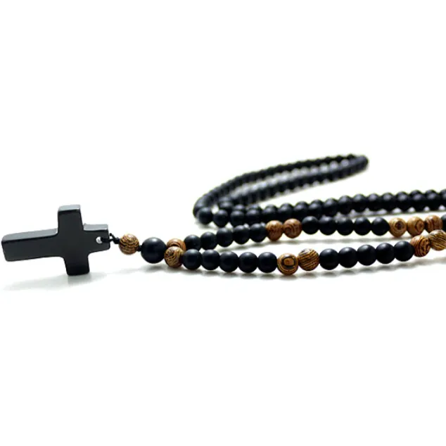 Rosary Necklace - Black Stone & Wood Beads