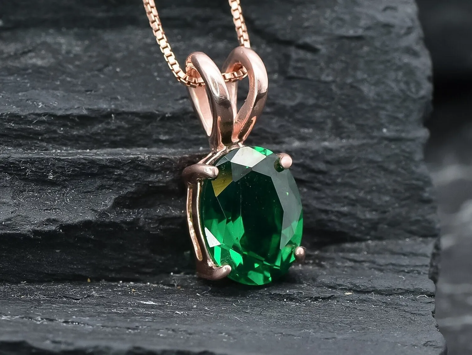 Rose Gold Emerald Necklace - Green Oval Pendant - Solitaire Emerald Necklace