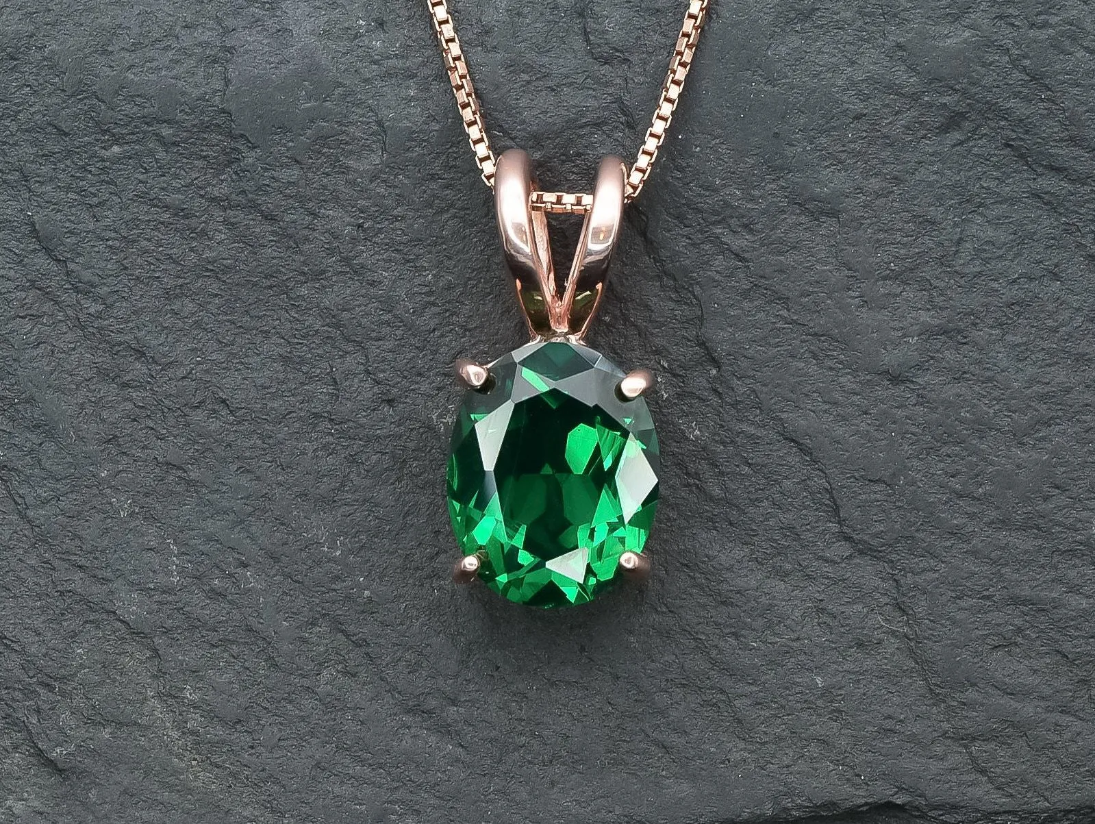 Rose Gold Emerald Necklace - Green Oval Pendant - Solitaire Emerald Necklace