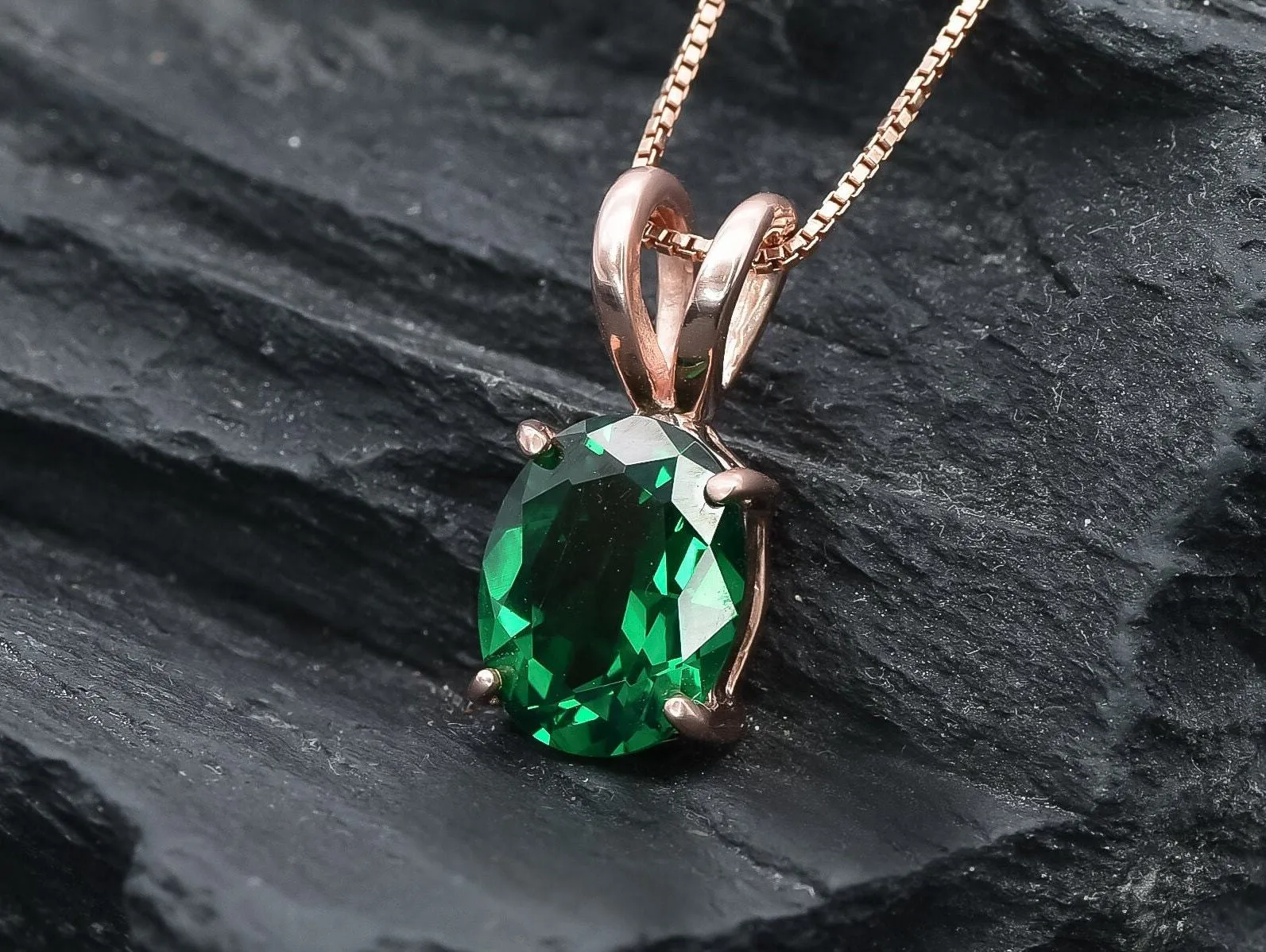 Rose Gold Emerald Necklace - Green Oval Pendant - Solitaire Emerald Necklace