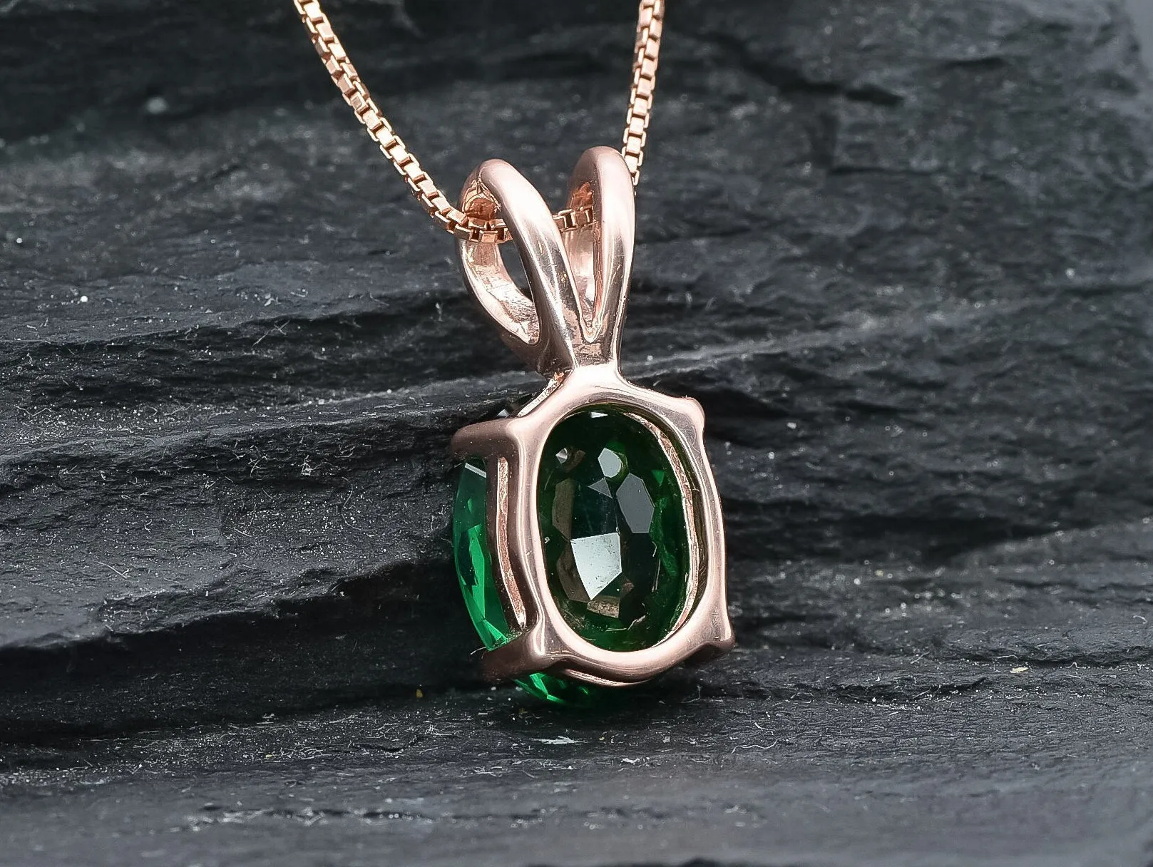 Rose Gold Emerald Necklace - Green Oval Pendant - Solitaire Emerald Necklace