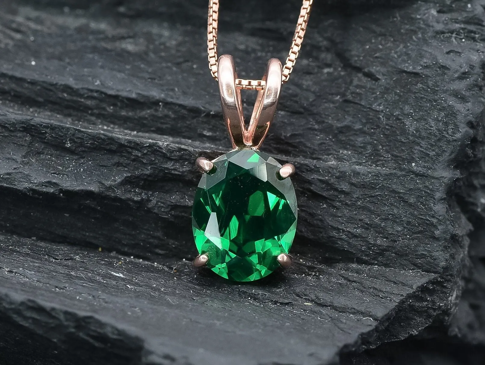 Rose Gold Emerald Necklace - Green Oval Pendant - Solitaire Emerald Necklace