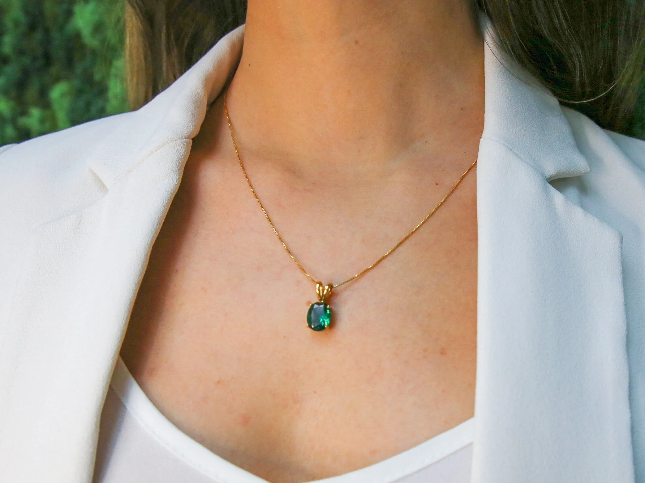 Rose Gold Emerald Necklace - Green Oval Pendant - Solitaire Emerald Necklace