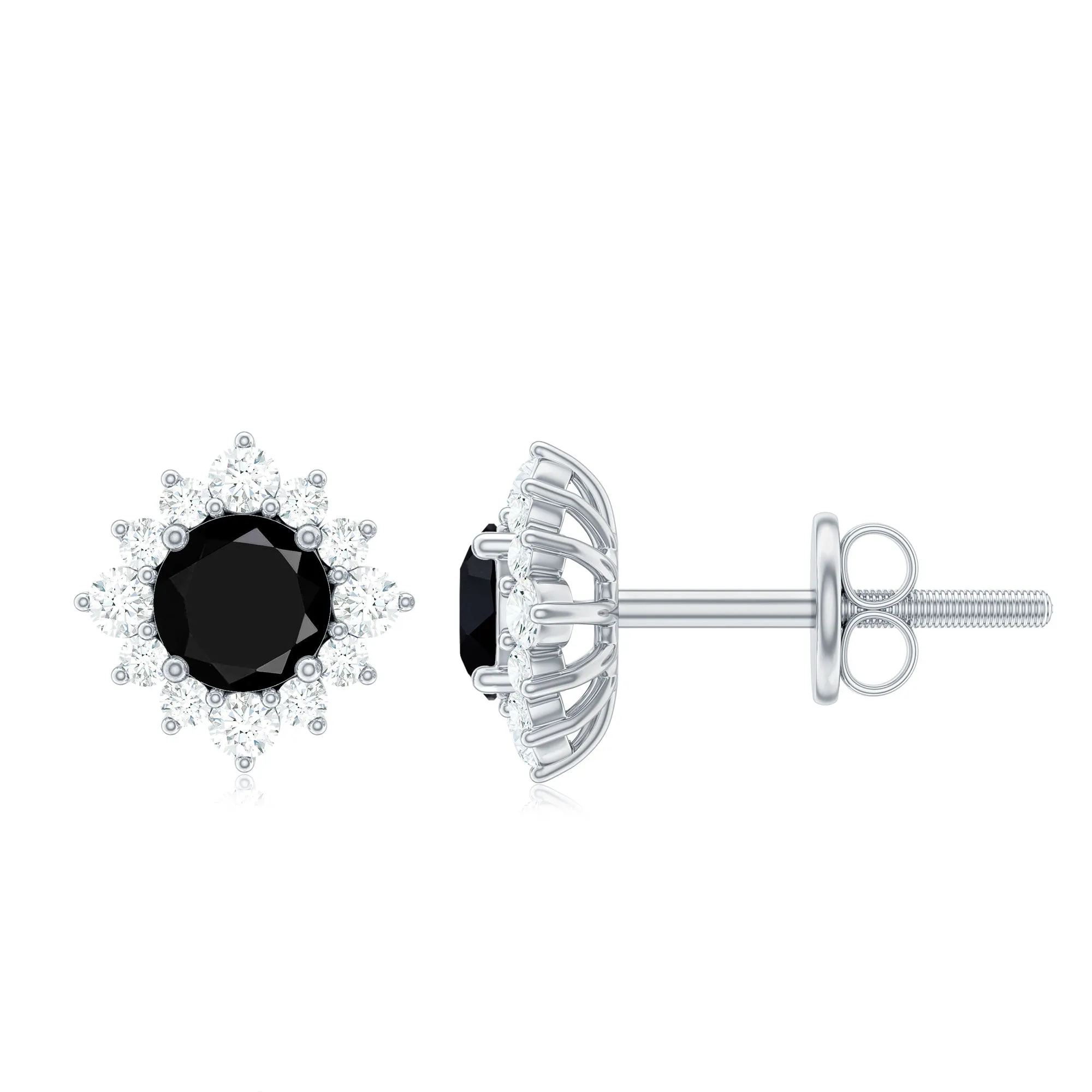 Round Created Black Diamond Classic Halo Stud Earrings with Diamond