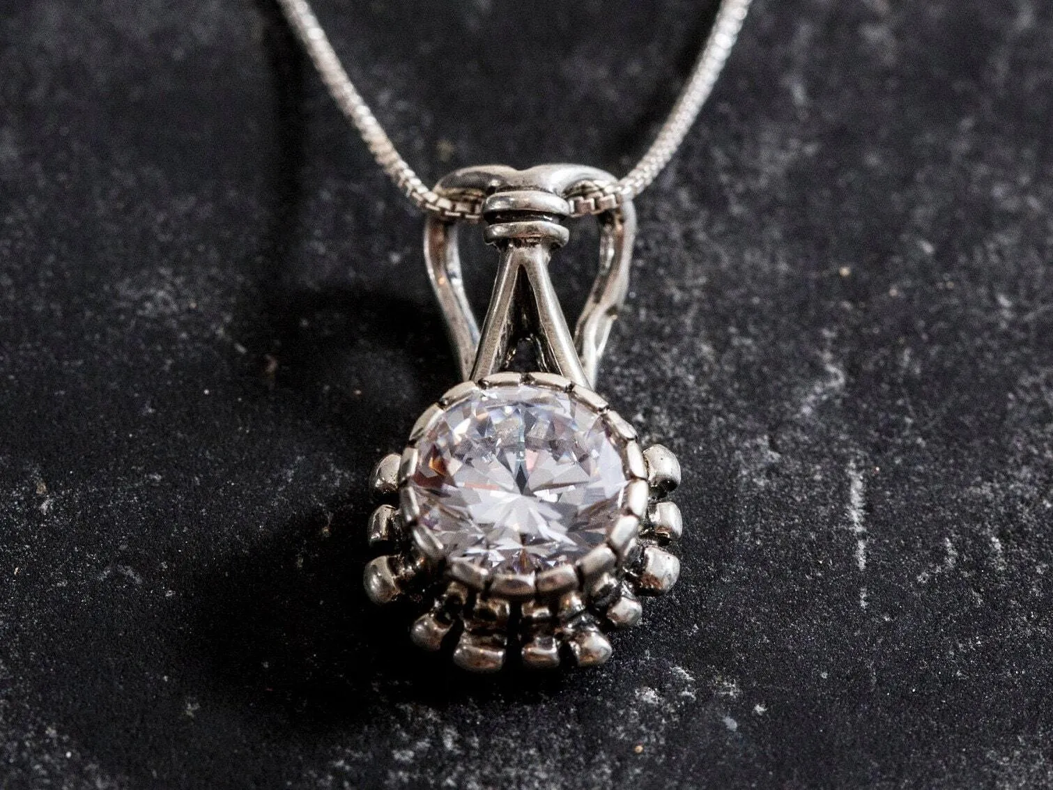 Round Diamond Pendant - Sparkly Bridal Necklace - Vintage Diamond Necklace