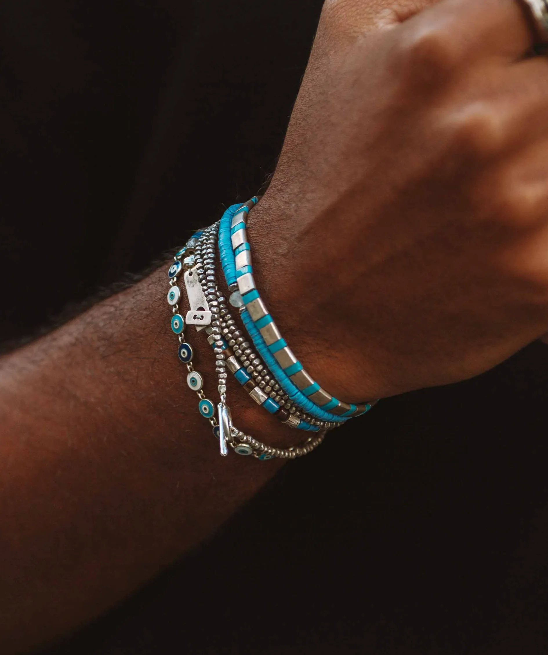 Silver Bracelet With Hand-Forged Tila Beads (Light Blue)