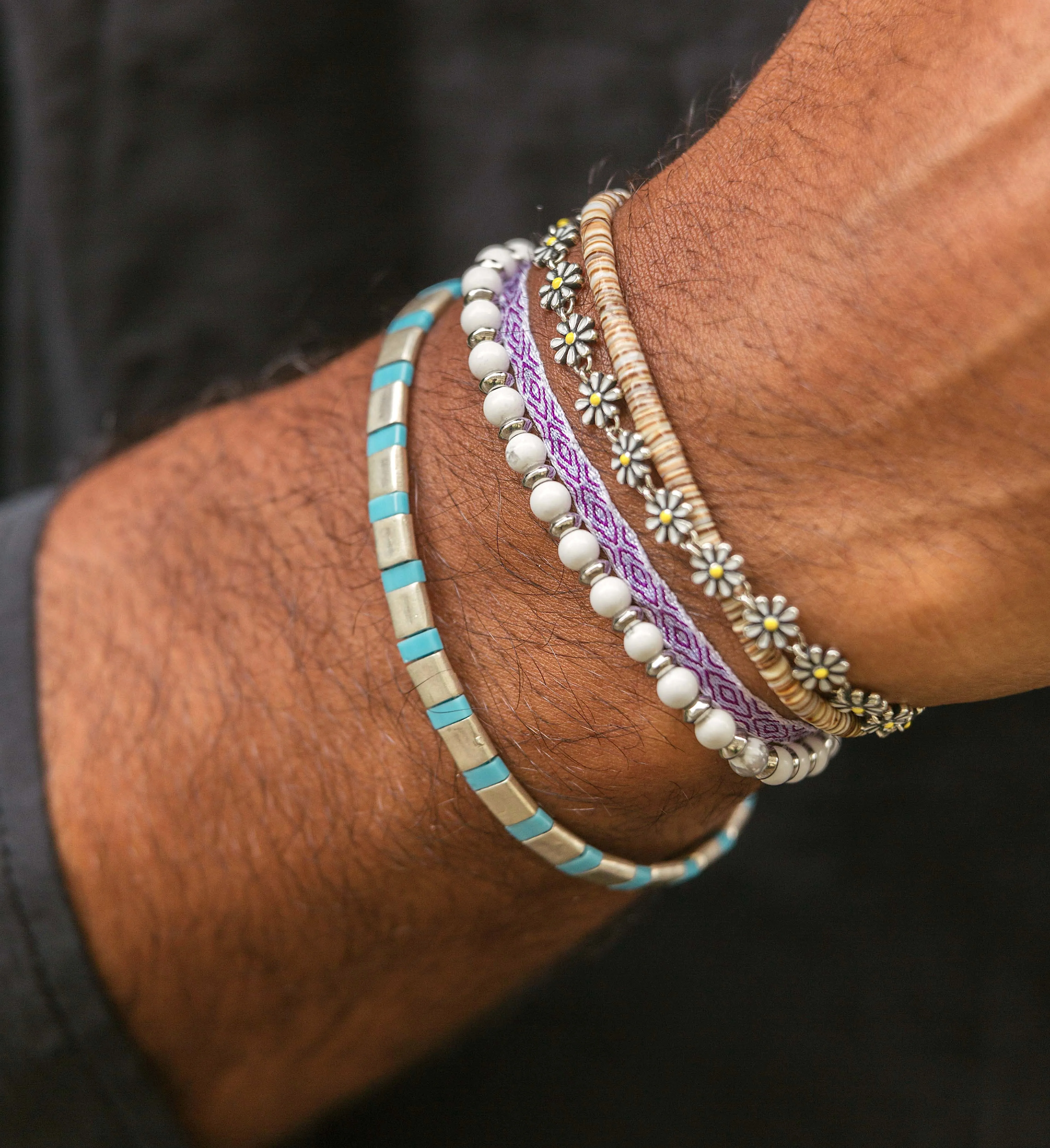 Silver Bracelet With Hand-Forged Tila Beads (Light Blue)