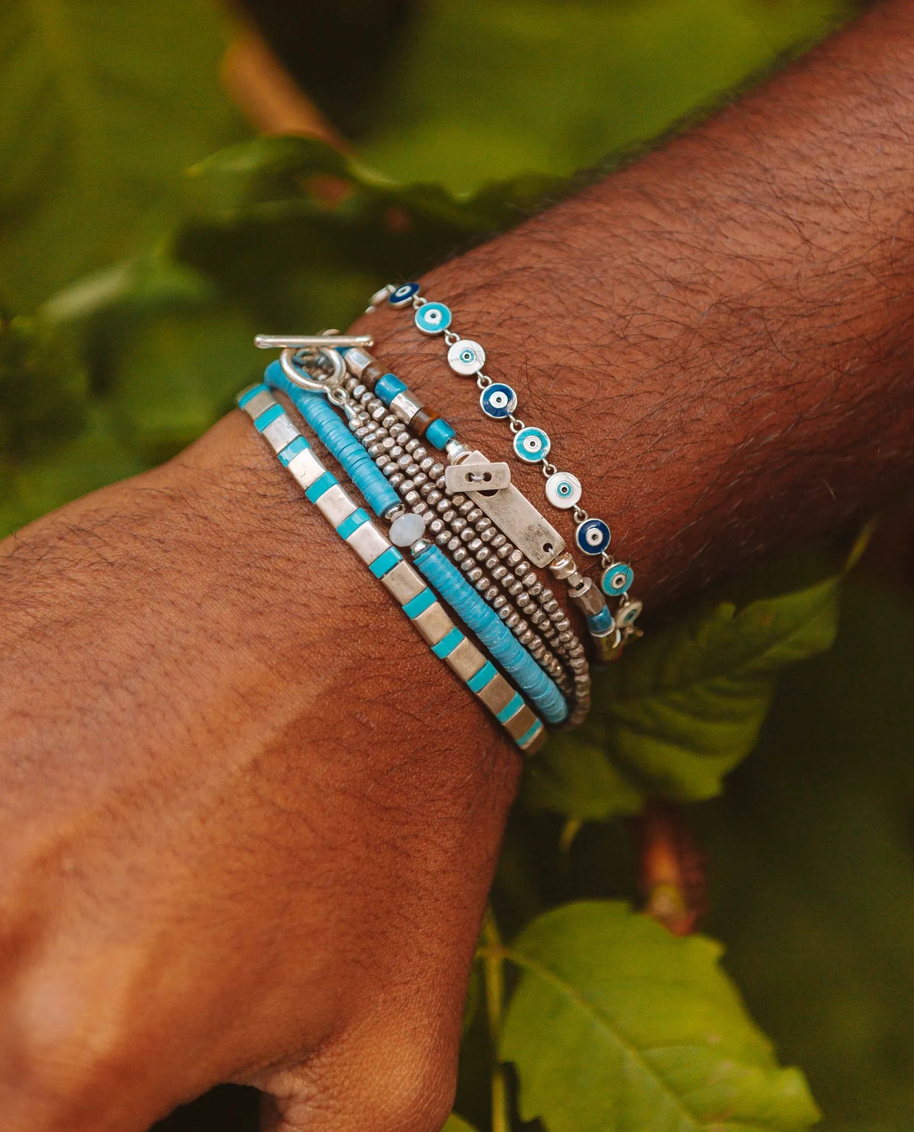 Silver Bracelet With Hand-Forged Tila Beads (Light Blue)