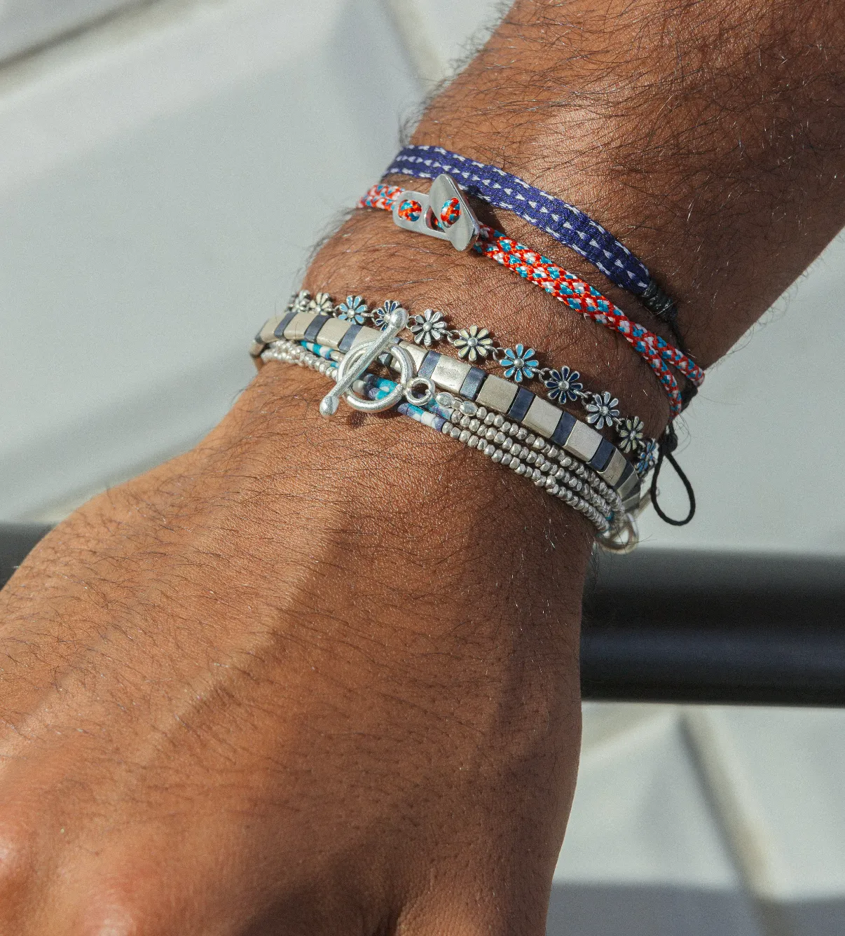 Silver Bracelet With Hand-Forged Tila Beads (Petrol Blue)