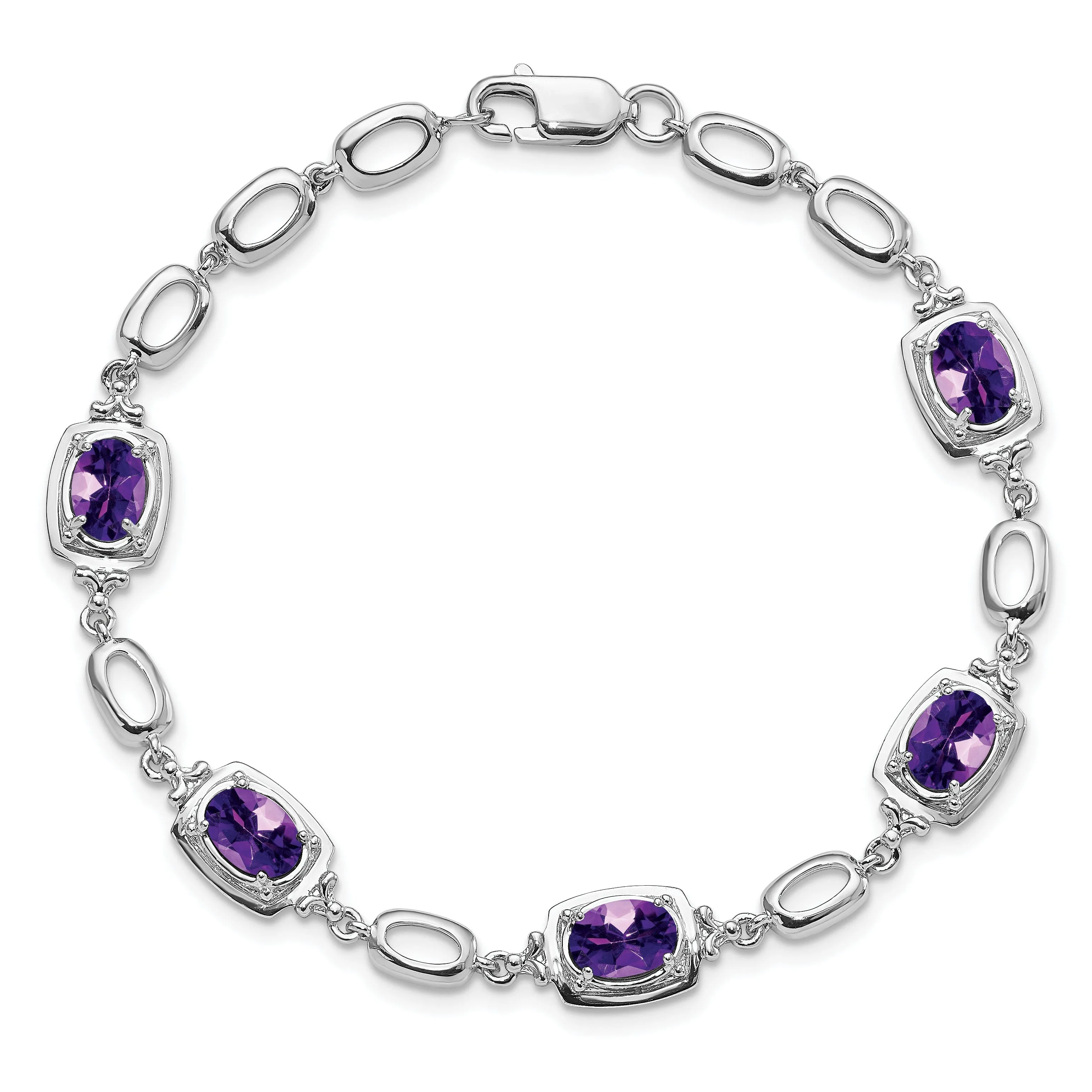 Silver Oval Cut Amethyst Gemstone Link Bracelet