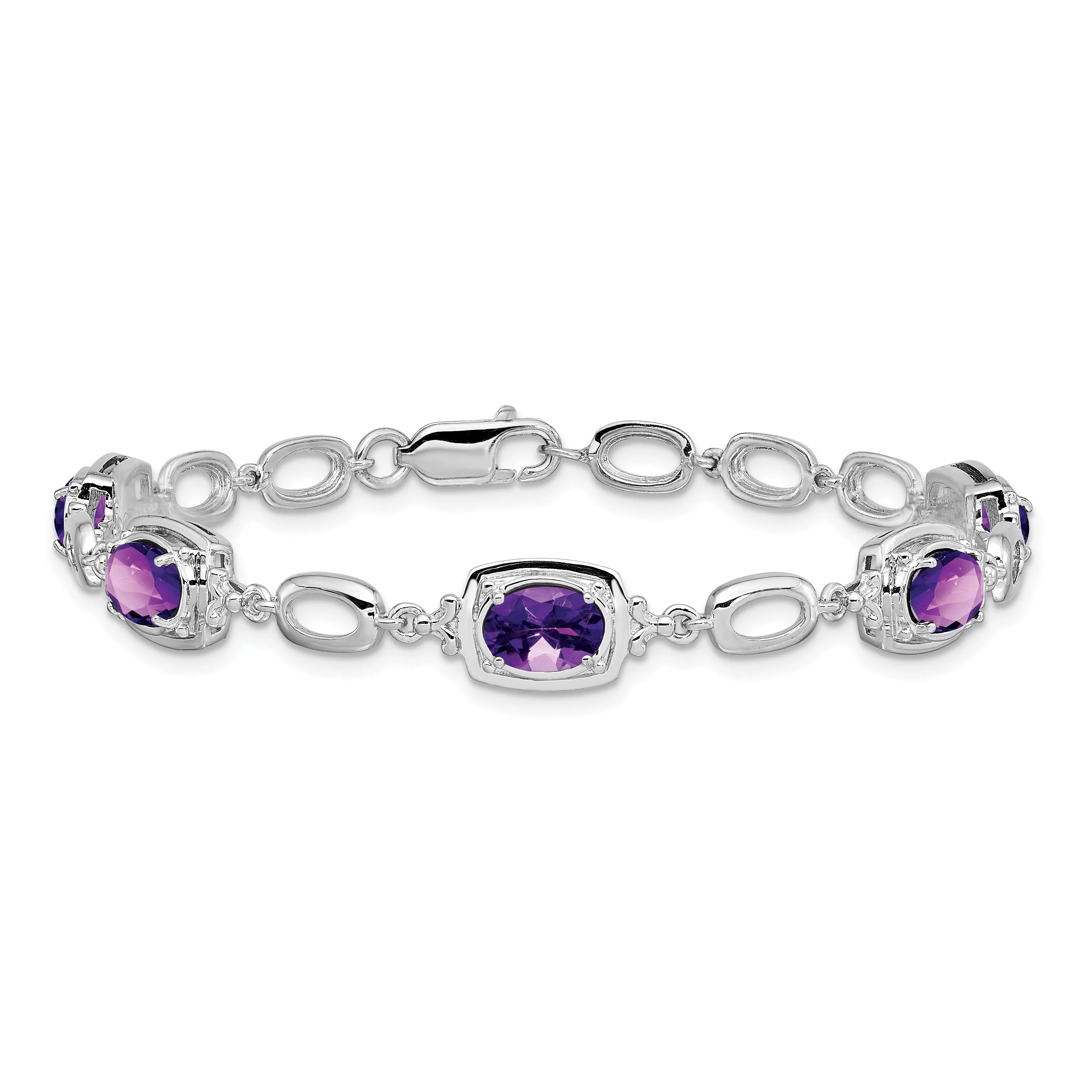 Silver Oval Cut Amethyst Gemstone Link Bracelet