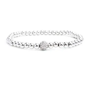 Silver Plated Beaded CZ Pave Plated Stretch Bracelet