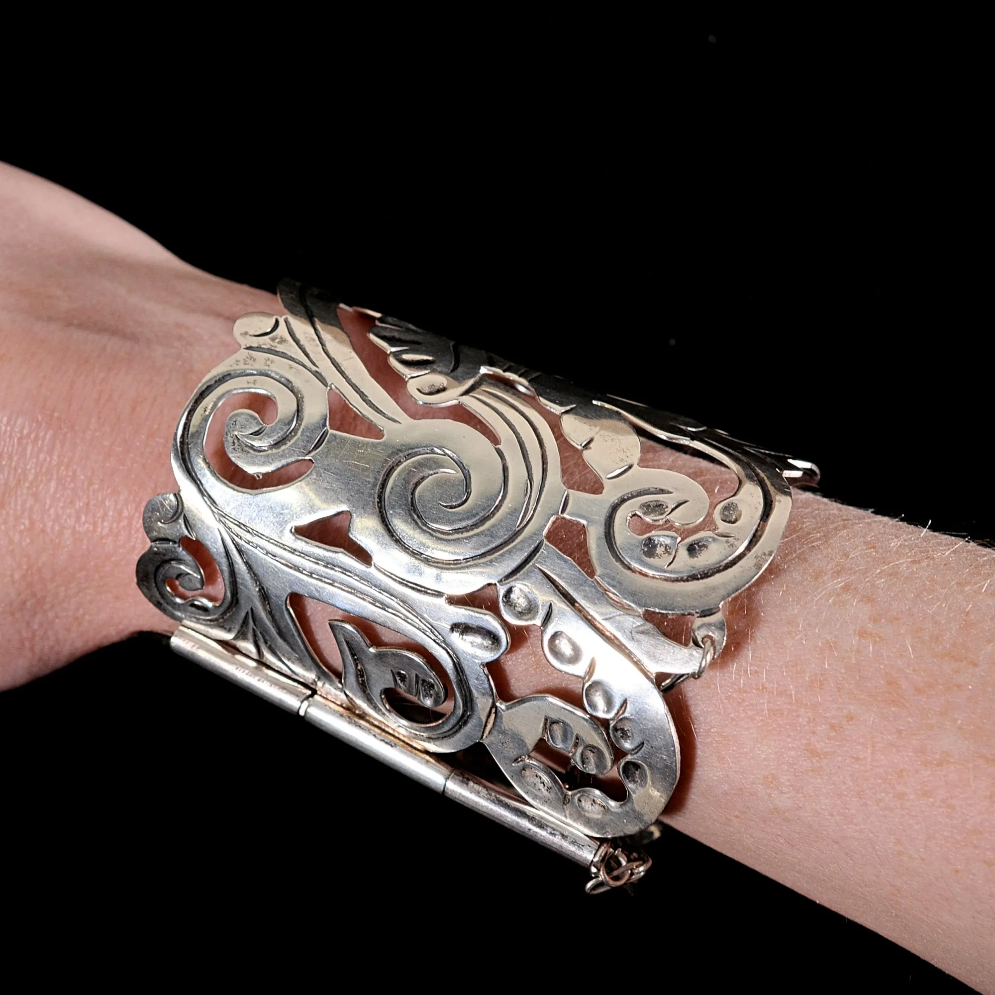 SOLD Vintage Mexican Sterling Silver Wide Panel Bracelet, Hallmarked 108.5 Grams