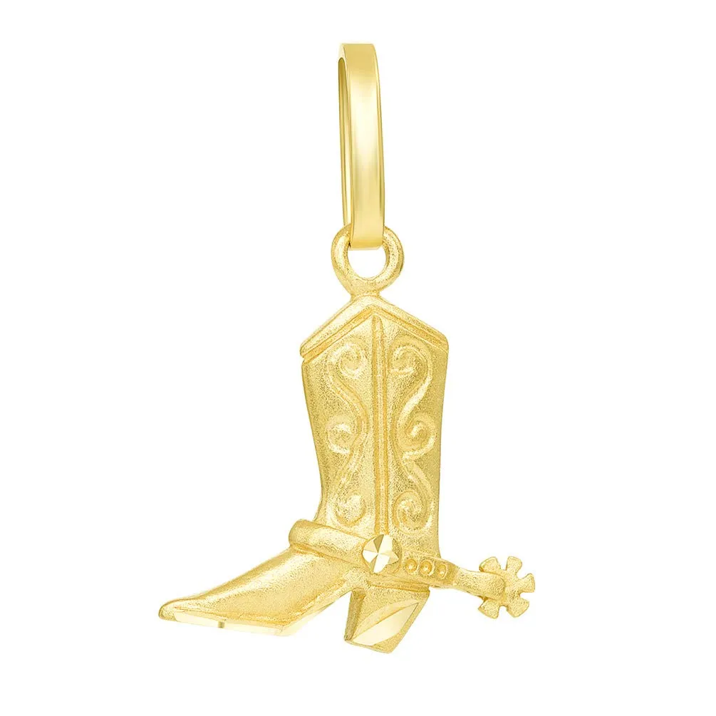 Solid 14k Gold Detailed 3D Cowboy Riding Boot with Spur Pendant Figaro Necklace - Yellow Gold