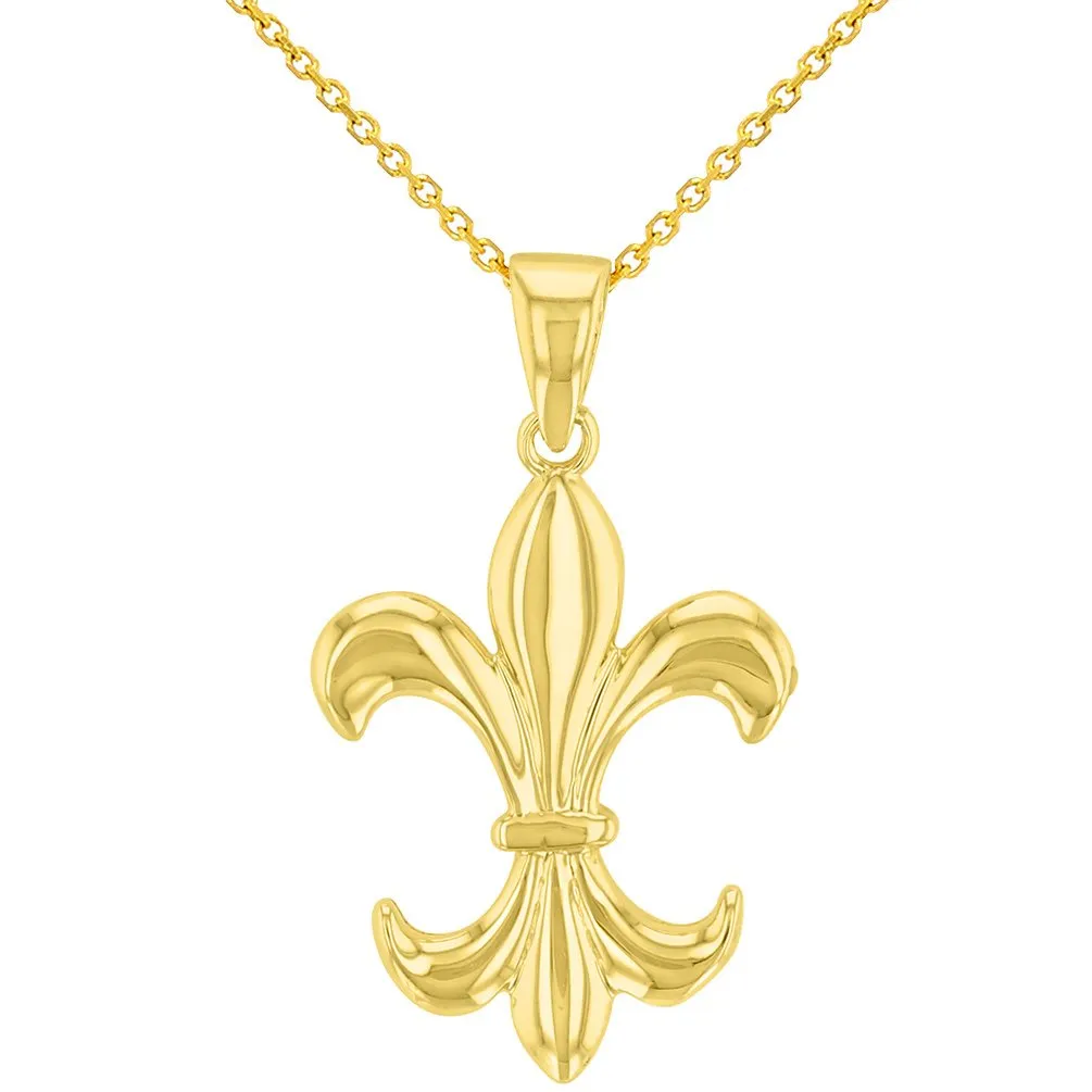 Solid 14K Gold Simple Fleur de Lis Charm Pendant Necklace - Yellow Gold