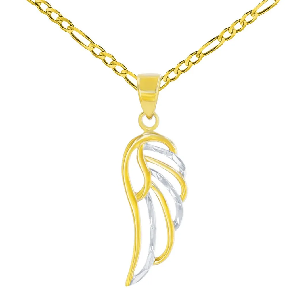 Solid 14k Gold Textured Angel Wing Charm Pendant Figaro Chain Necklace - Yellow Gold