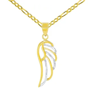 Solid 14k Gold Textured Angel Wing Charm Pendant Figaro Chain Necklace - Yellow Gold