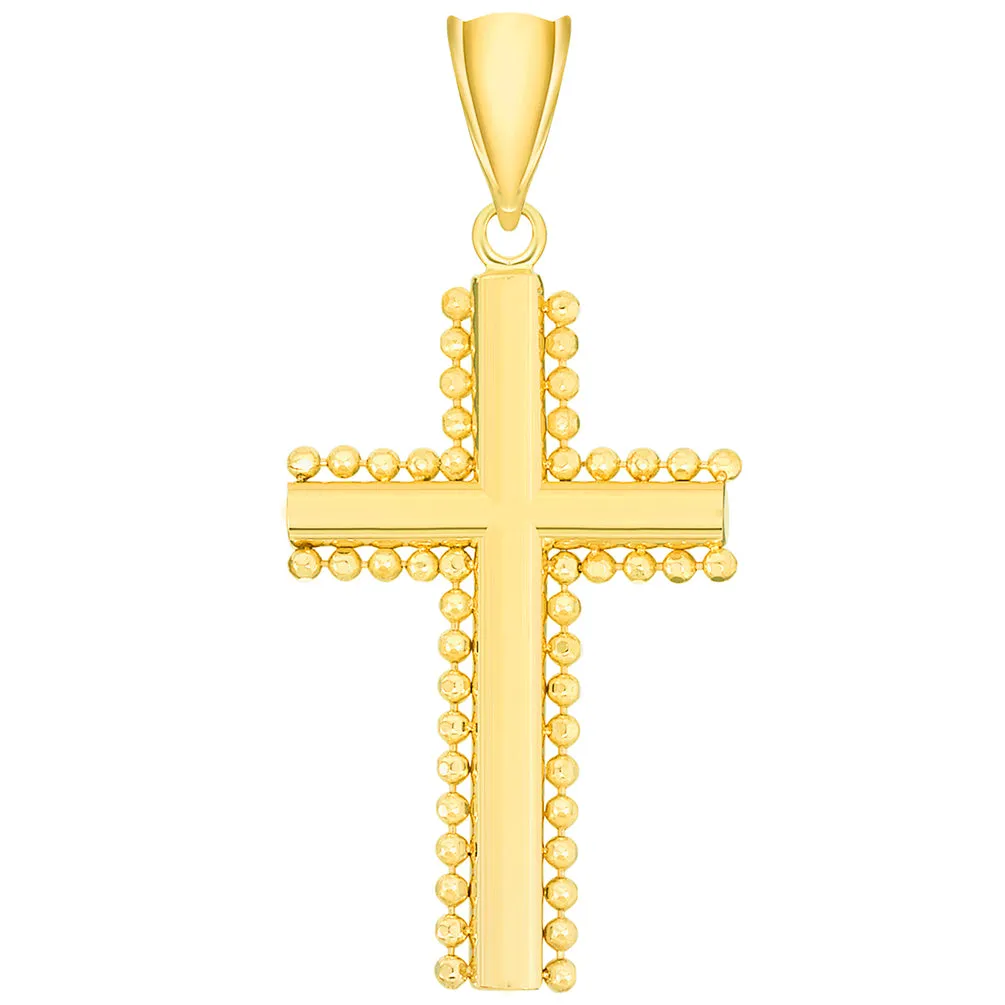 Solid 14k Yellow Gold Beaded Edged Plain Religious Cross Pendant Necklace with Curb Chain Necklaces