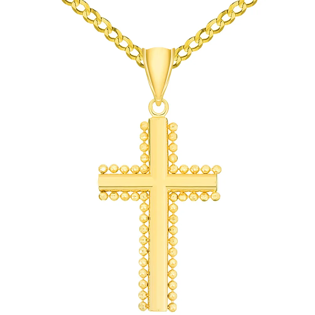 Solid 14k Yellow Gold Beaded Edged Plain Religious Cross Pendant Necklace with Curb Chain Necklaces