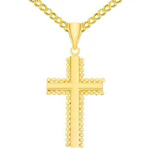 Solid 14k Yellow Gold Beaded Edged Plain Religious Cross Pendant Necklace with Curb Chain Necklaces