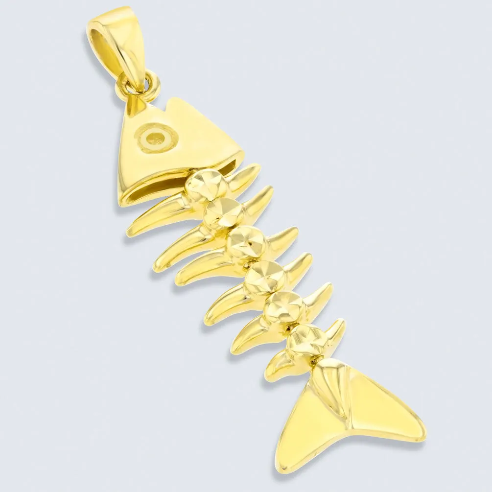 Solid 14K Yellow Gold Dangling Fishbones Pendant with Figaro Chain Necklace