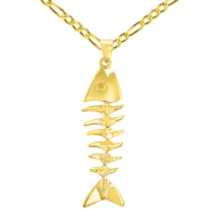 Solid 14K Yellow Gold Dangling Fishbones Pendant with Figaro Chain Necklace