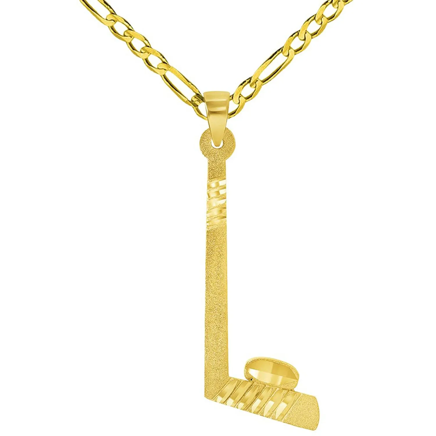 Solid 14k Yellow Gold Ice Hockey Stick and Puck Sports Pendant With Cable, Curb or Figaro Chain Necklace