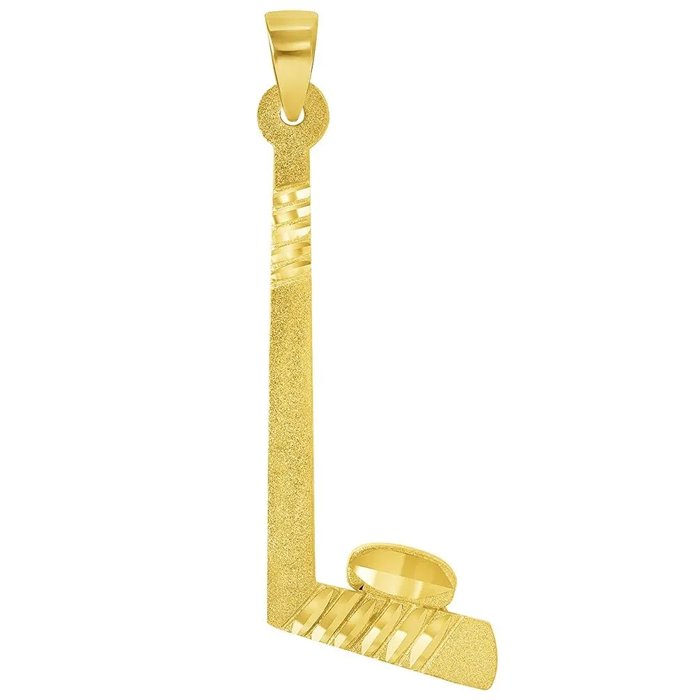 Solid 14k Yellow Gold Ice Hockey Stick and Puck Sports Pendant With Cable, Curb or Figaro Chain Necklace