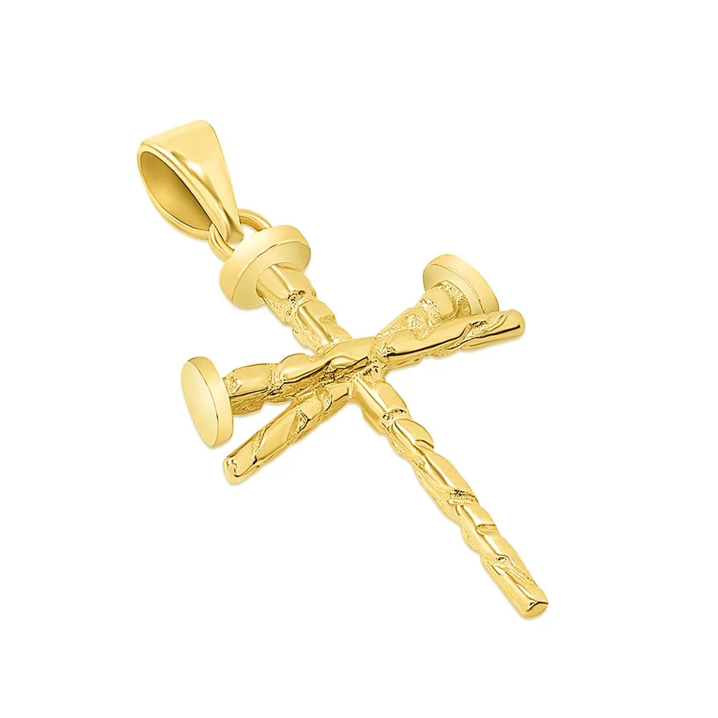 Solid 14k Yellow Gold Religious Nail Cross Charm Pendant Necklace