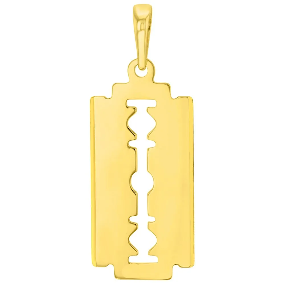 Solid 14K Yellow Gold Sharp Edged Razor Blade Pendant with Figaro Chain Necklace