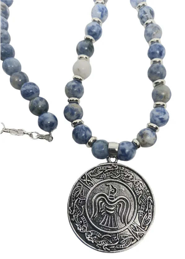 Stainless Steel Raven Pendant Necklace with Sodalite Crystal