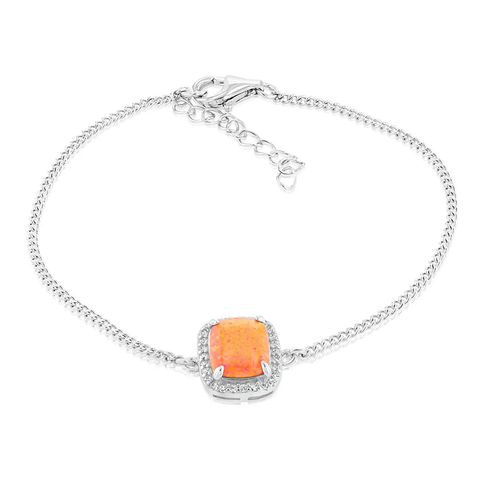 Sterling Silver Rhodium Plated Rectangle Created Orange Opal And White Zirconia 15.5 3cm Bracelet