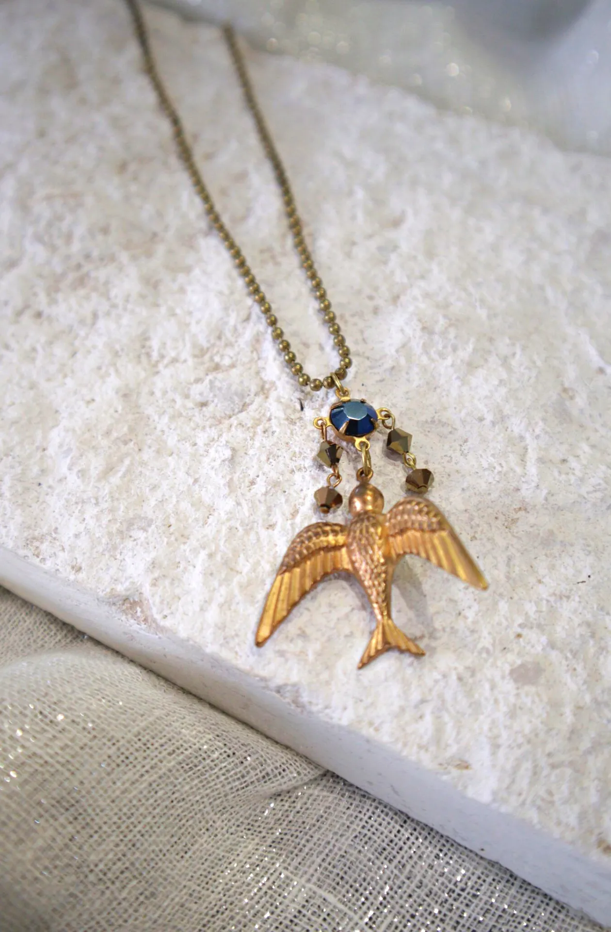 Swallow's Dive Vintage Brass & Swarovski Crystal Pendant