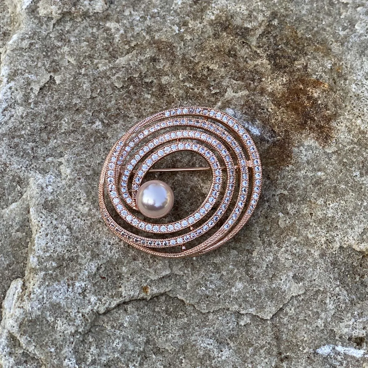 Swirl Pink Pearl Diamante Rose Gold Brooch