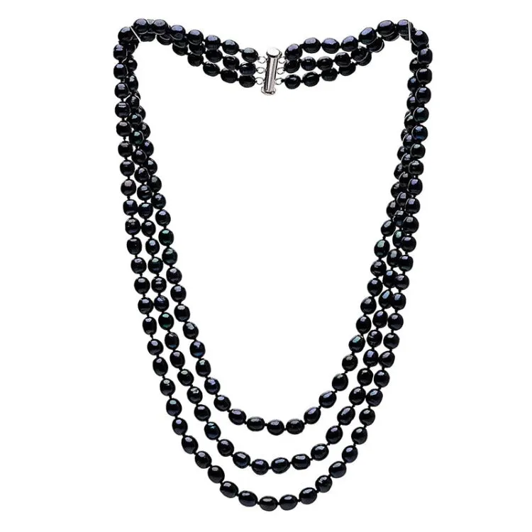 Three-Row 6-7mm Black Freshwater Pearl Necklace, Chunky Choker for Women