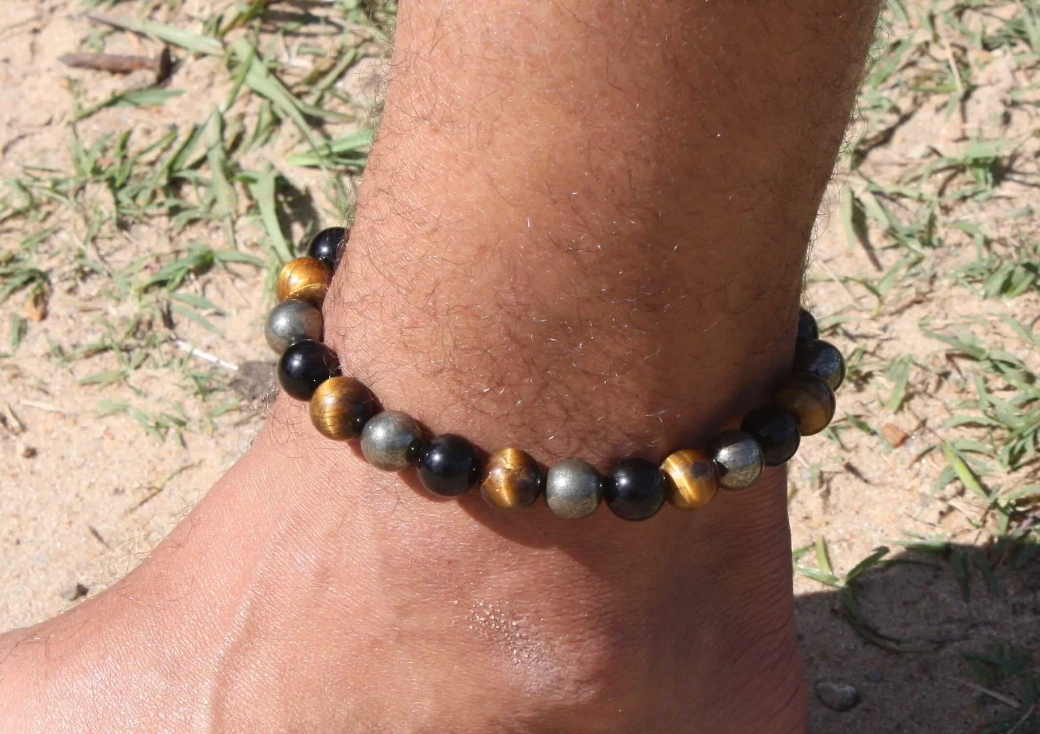 Triple Protection Bracelet - Black Tourmaline Crystal - Tiger Eye Crystal - Pyrite Crystal