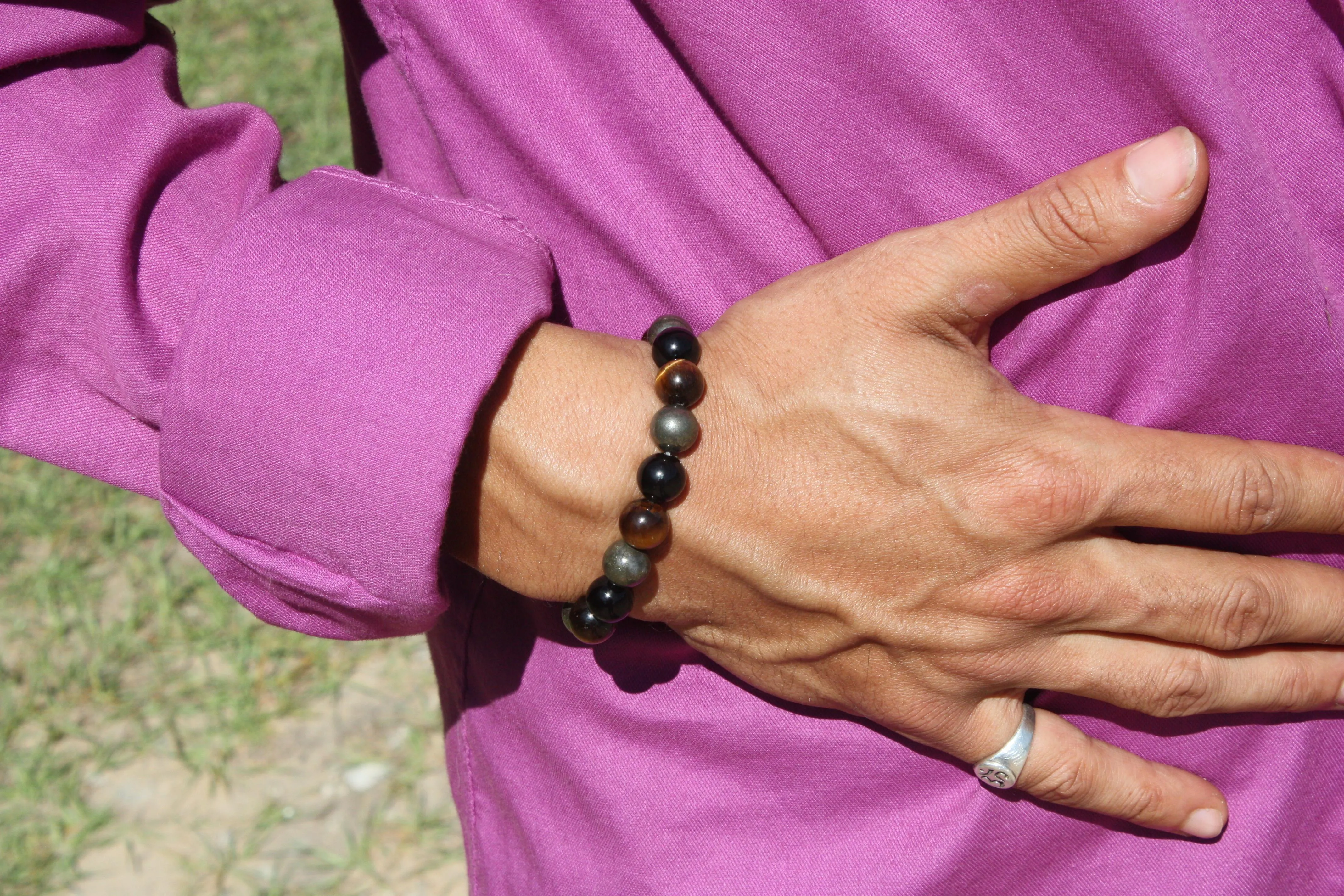 Triple Protection Bracelet - Black Tourmaline Crystal - Tiger Eye Crystal - Pyrite Crystal