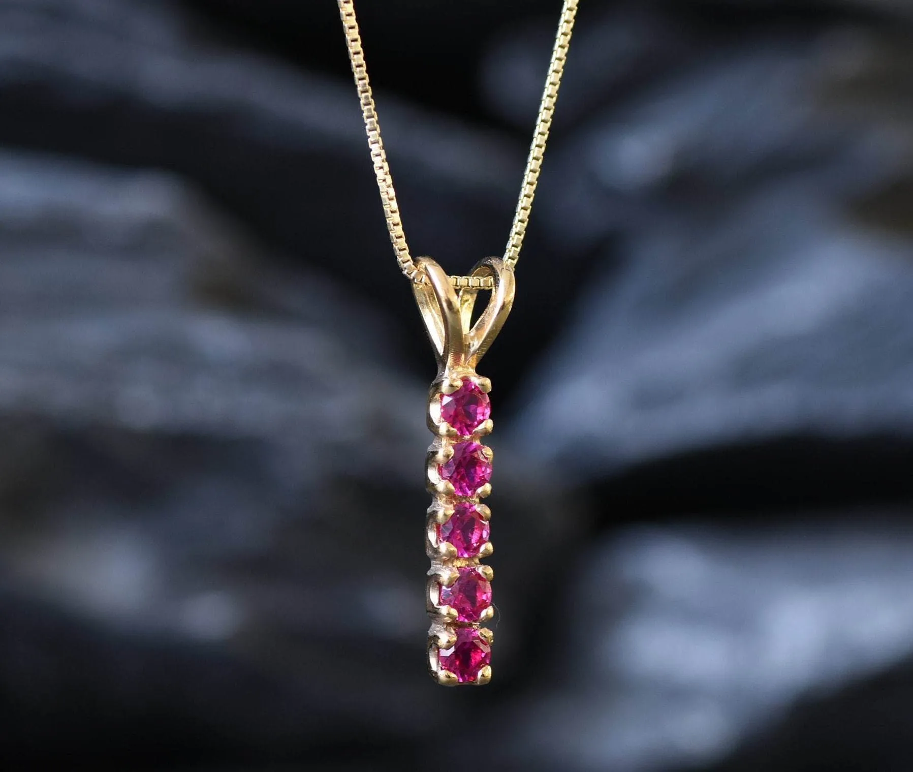 Vertical Ruby Pendant - Gold Ruby Necklace, July Birthstone Necklace