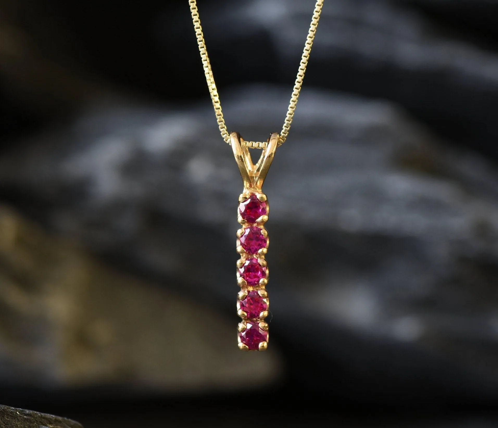 Vertical Ruby Pendant - Gold Ruby Necklace, July Birthstone Necklace