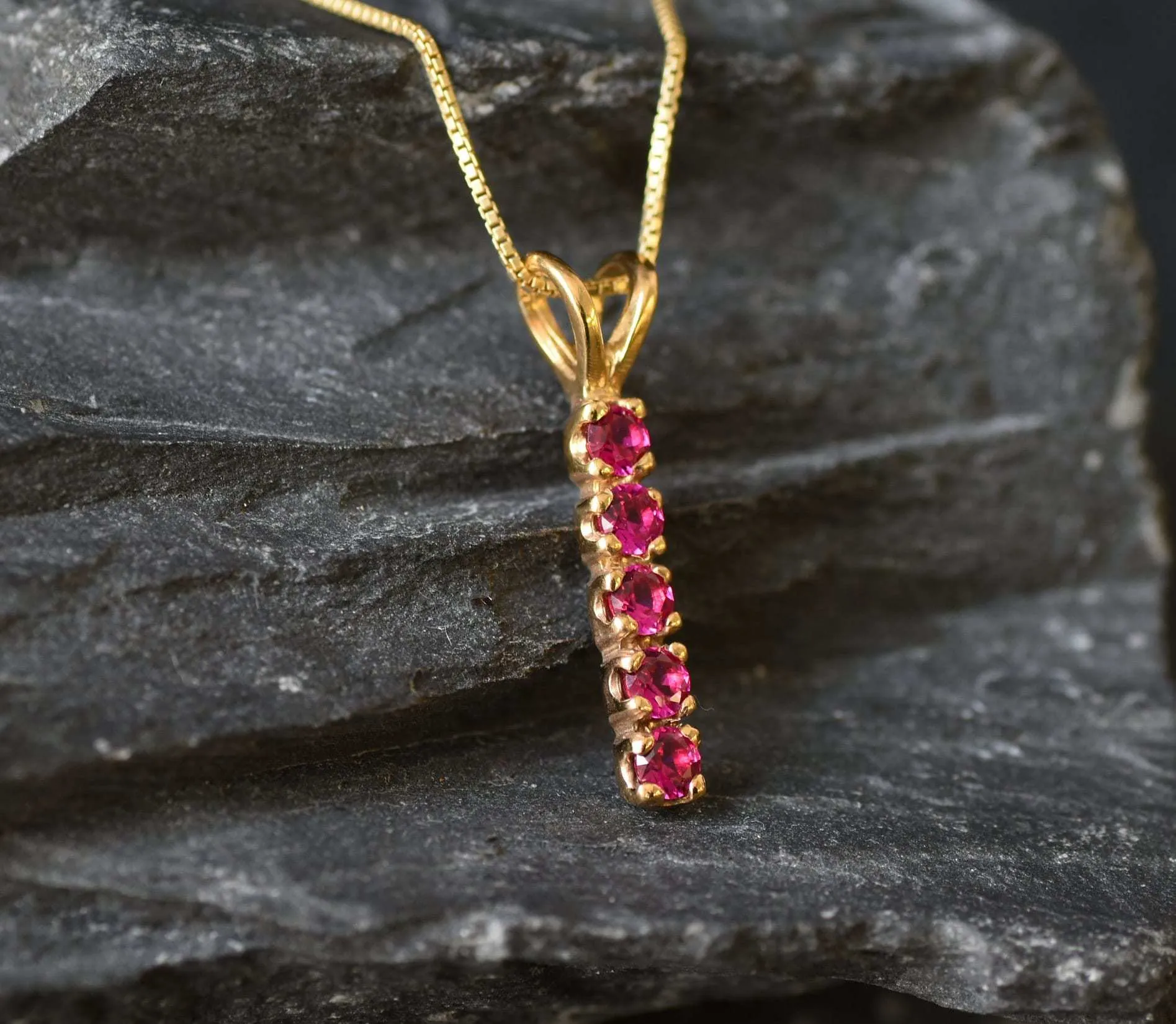 Vertical Ruby Pendant - Gold Ruby Necklace, July Birthstone Necklace