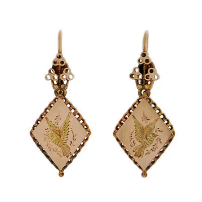 Victorian 14kt Etched Bird & Fine Wirework Earrings