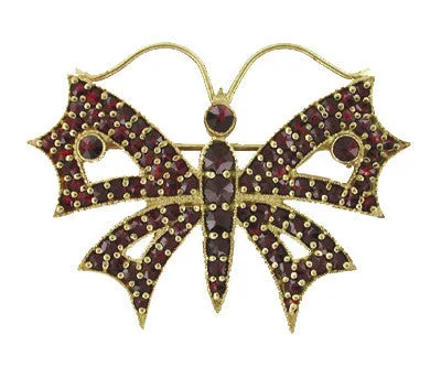 Victorian Bohemian Garnet Butterfly Brooch in Yellow Gold Vermeil Over Sterling Silver